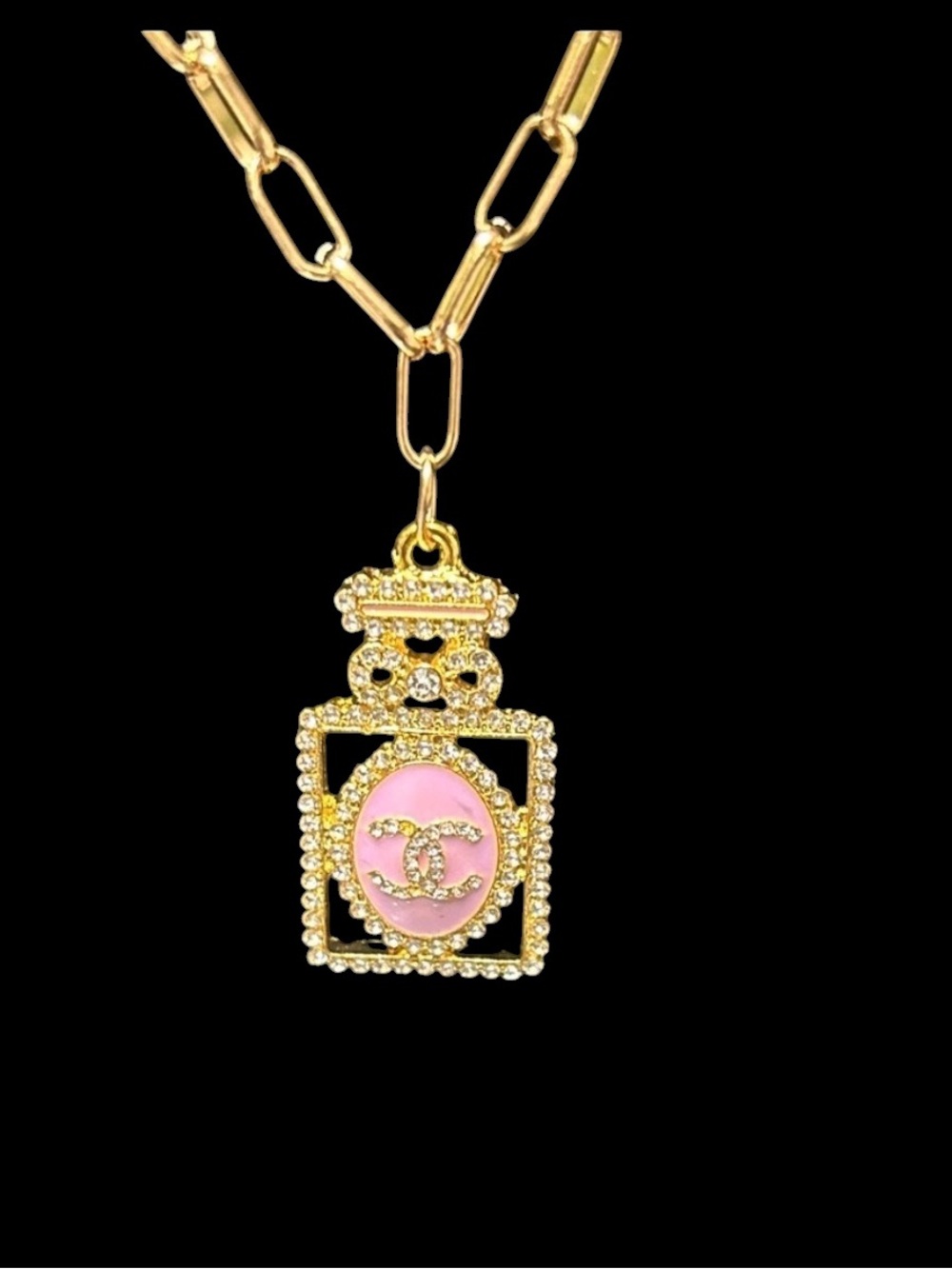 Gold-Tone CC Necklace with Pink Perfume Pendant